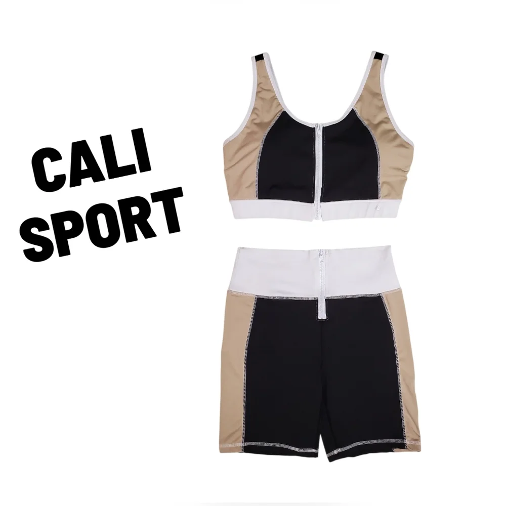 CALI SPORT Women Shorts Sports Bra Top Black Tan White 2pc Gym Outfit Athletic - Picture 1 of 16